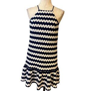 Trina Turk Dress White Navy Blue S Small Crochet Stretch Sheath Washable Resort